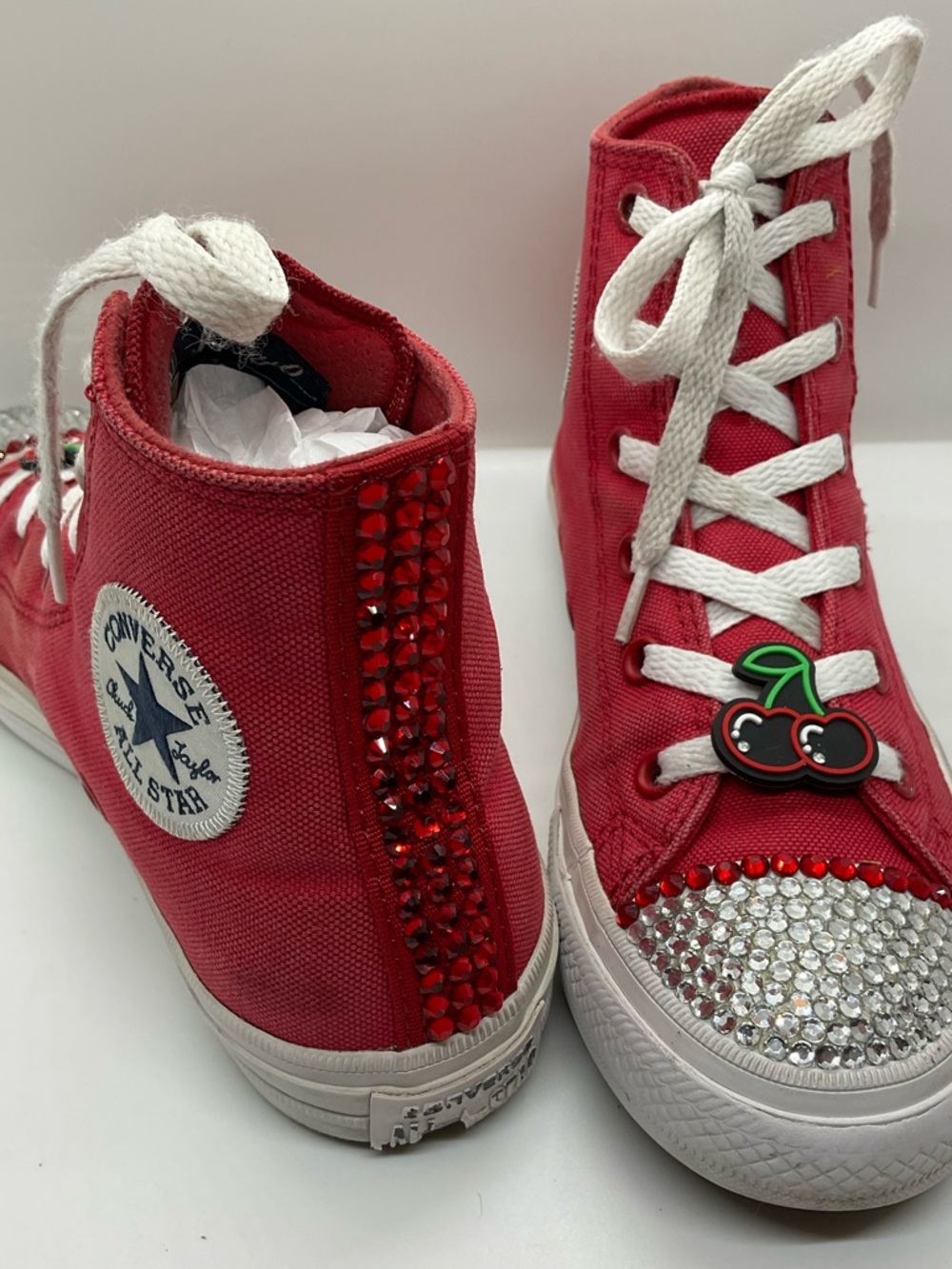 KIDS Youth Converse Chuck Taylor RED Canvas Hi Tops Rhinestones Cherries Sz 1.5Y